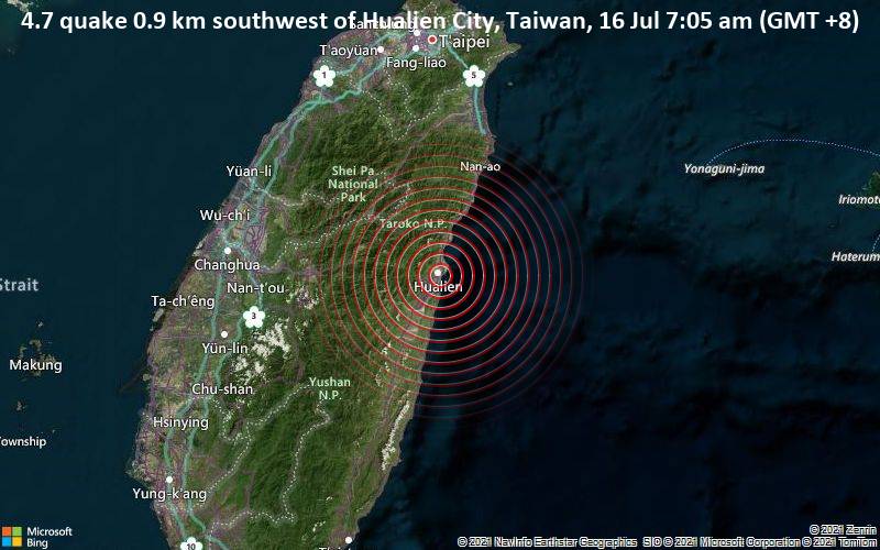 4.7 quake 0.9 km southwest of Hualien City, Taiwan, 16 Jul 7:05 am (GMT +8)