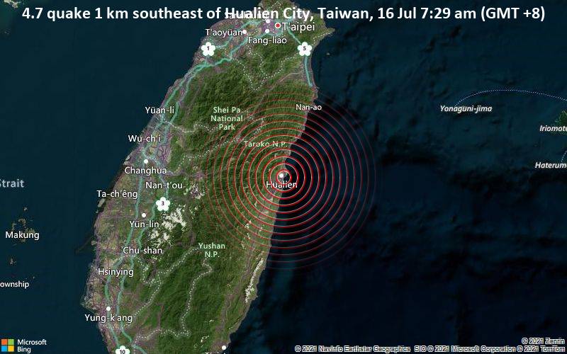 4.7 quake 1 km southeast of Hualien City, Taiwan, 16 Jul 7:29 am (GMT +8)