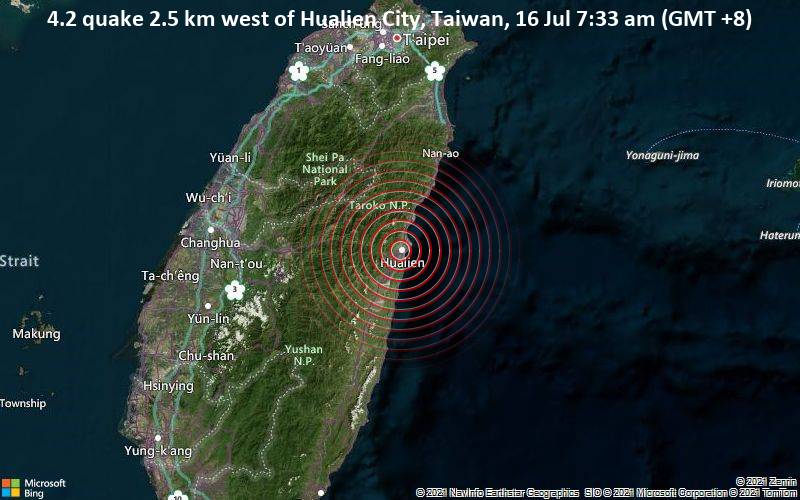 4.2 quake 2.5 km west of Hualien City, Taiwan, 16 Jul 7:33 am (GMT +8)