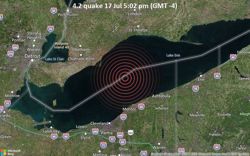 Moderates Erdbeben der Stärke 4.2 - 49 km nördlich von Mentor, Lake County, Ohio, USA, am Samstag, 17. Jul 2021 um 21:02 GMT