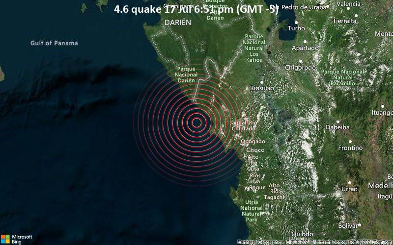 Leichtes Erdbeben der Stärke 4.6 - Nordpazifik, 16 km südwestlich von Jurado, Departamento del Choco, Kolumbien, am Samstag, 17. Jul 2021 um 23:51 GMT