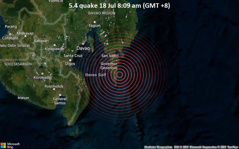 Moderates Erdbeben der Stärke 5.4 - Philippines Sea, 52 km südlich von Mati City, Philippinen, am Sonntag, 18. Jul 2021 um 00:09 GMT