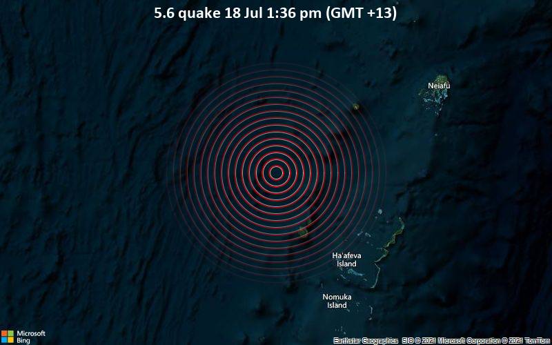 Moderates Erdbeben der Stärke 5.6 - South Pacific Ocean, 205 km nördlich von Nuku’alofa, Nuku'alofa, Tongatapu, am Sonntag, 18. Jul 2021 um 00:36 GMT
