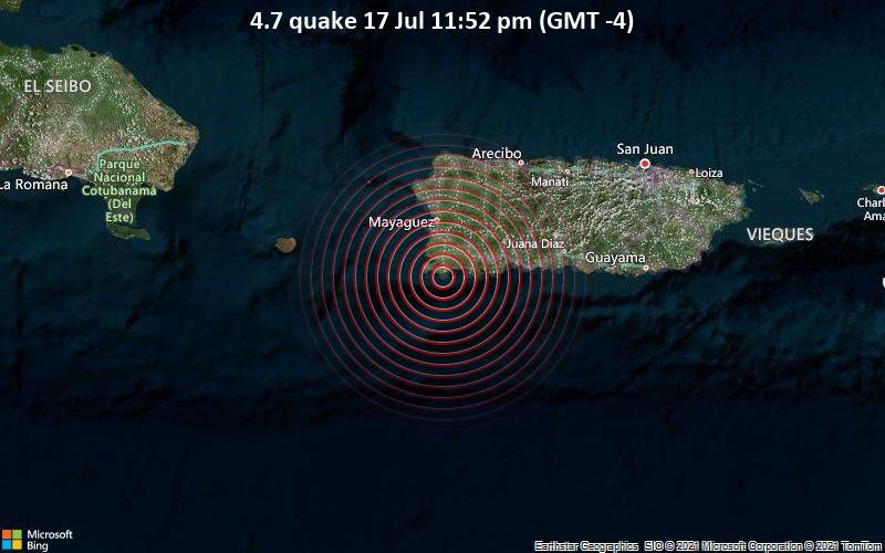 Moderates Erdbeben der Stärke 4.7 - Caribbean Sea, 30 km südlich von Mayaguez, Mayagüez Barrio-Pueblo, Puerto Rico, am Sonntag, 18. Jul 2021 um 03:52 GMT