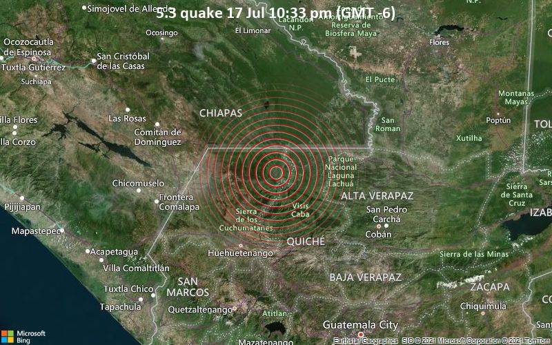 Moderates Erdbeben der Stärke 5.3 - Municipio de Barillas, 70 km nordöstlich von Huehuetenango, Guatemala, am Sonntag, 18. Jul 2021 um 04:33 GMT