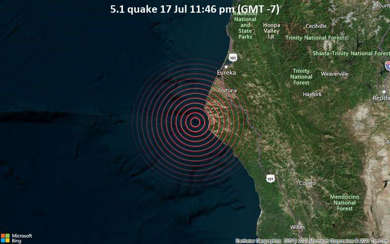 Moderates Erdbeben der Stärke 5.1 - Nordpazifik, 62 km südwestlich von Eureka, Humboldt County, Kalifornien, USA, am Sonntag, 18. Jul 2021 um 06:46 GMT