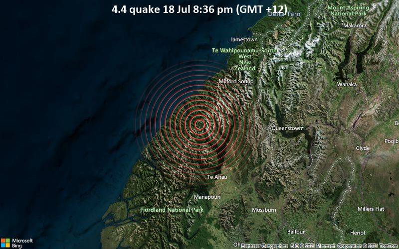 Leichtes Erdbeben der Stärke 4.4 - 48 km nördlich von Te Anau, Southland District, Neuseeland, am Sonntag, 18. Jul 2021 um 08:36 GMT