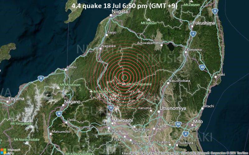 Moderates Erdbeben der Stärke 4.4 - Präfektur Gunma, 46 km östlich von Tōkamachi, Präfektur Niigata, Japan, am Sonntag, 18. Jul 2021 um 18:50 Lokalzeit