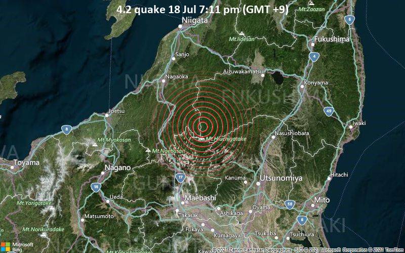 Moderates Erdbeben der Stärke 4.2 - Minamiaizu-gun, Präfektur Fukushima, 46 km östlich von Tōkamachi, Japan, am Sonntag, 18. Jul 2021 um 19:11 Lokalzeit