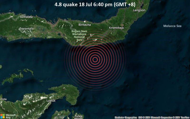 Leichtes Erdbeben der Stärke 4.8 - Molucca Sea, 102 km südöstlich von Gorontalo, Indonesien, am Sonntag, 18. Jul 2021 um 10:40 GMT