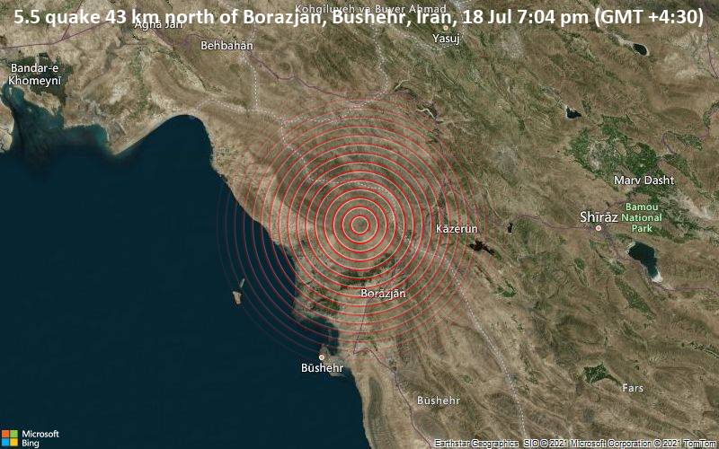 5.5 quake 43 km north of Borazjan, Bushehr, Iran, 18 Jul 7:04 pm (GMT +4:30)