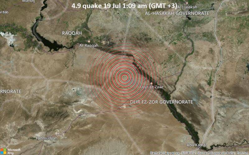 Moderates Erdbeben der Stärke 4.9 - 45 km westlich von Dayr az Zawr, Deir ez-Zor, Syrien, am Sonntag, 18. Jul 2021 um 22:09 GMT
