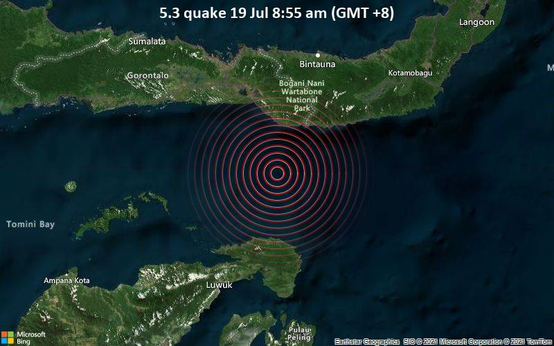 Moderates Erdbeben der Stärke 5.3 - Gulf of Tomini, 70 km südlich von Gorontalo, Indonesien, am Montag, 19. Jul 2021 um 00:55 GMT