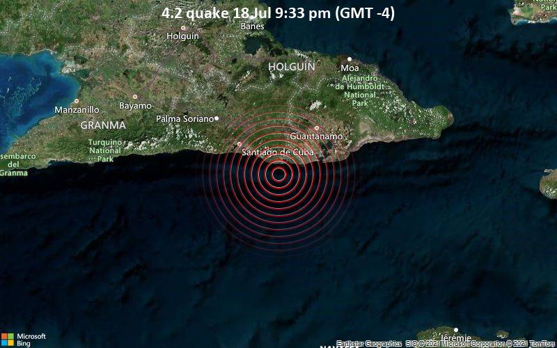 Moderates Erdbeben der Stärke 4.2 - Caribbean Sea, 41 km südöstlich von Santiago de Cuba, Kuba, am Montag, 19. Jul 2021 um 01:33 GMT