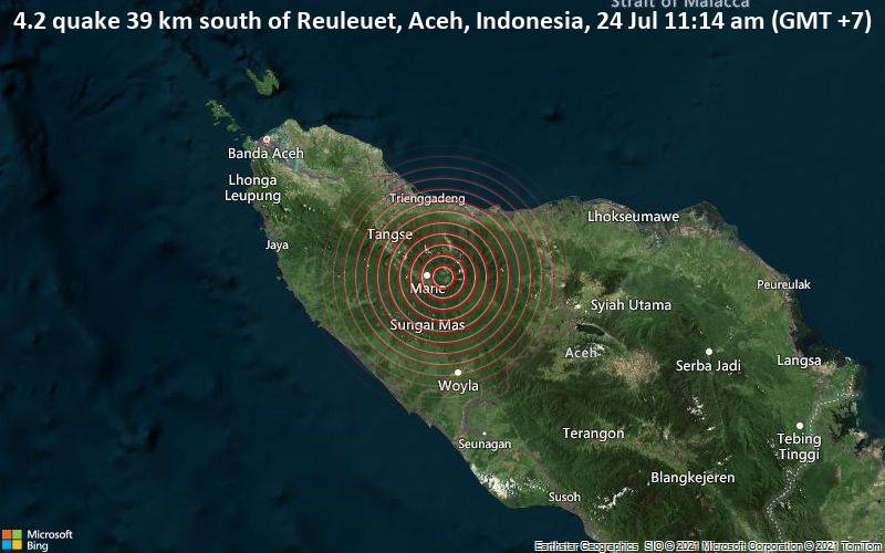 4.2 quake 39 km south of Reuleuet, Aceh, Indonesia, 24 Jul 11:14 am (GMT +7)