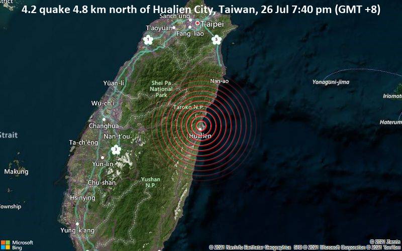 4.2 quake 4.8 km north of Hualien City, Taiwan, 26 Jul 7:40 pm (GMT +8)