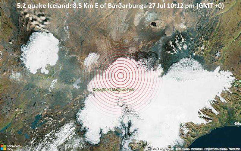 5.2 quake Iceland: 8.5 Km E of Bárðarbunga 27 Jul 10:12 pm (GMT +0)