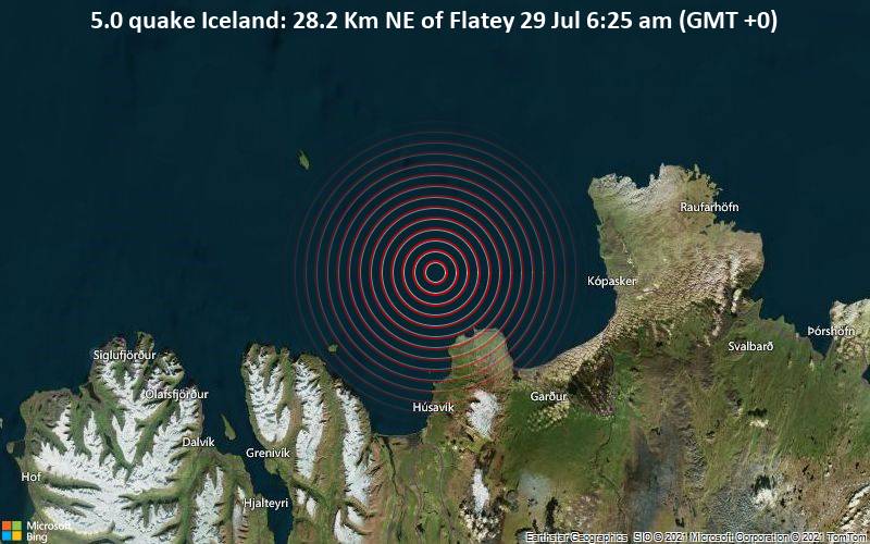 Starkes Magnitude 5.0 Erdbeben - Iceland: 28.2 Km NE of Flatey, am Donnerstag, 29. Jul 2021 um 06:25 GMT