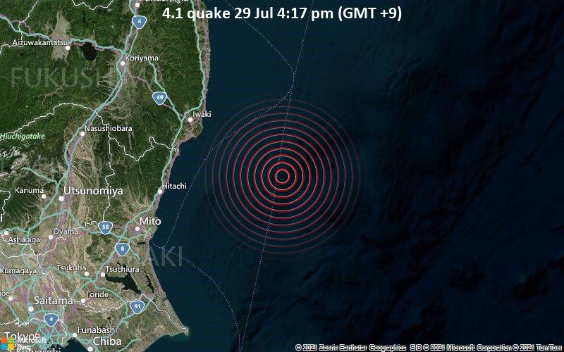 Leichtes Erdbeben der Stärke 4.1 - Nordpazifik, 75 km südöstlich von Iwaki, Präfektur Fukushima, Japan, am Donnerstag, 29. Jul 2021 um 07:17 GMT