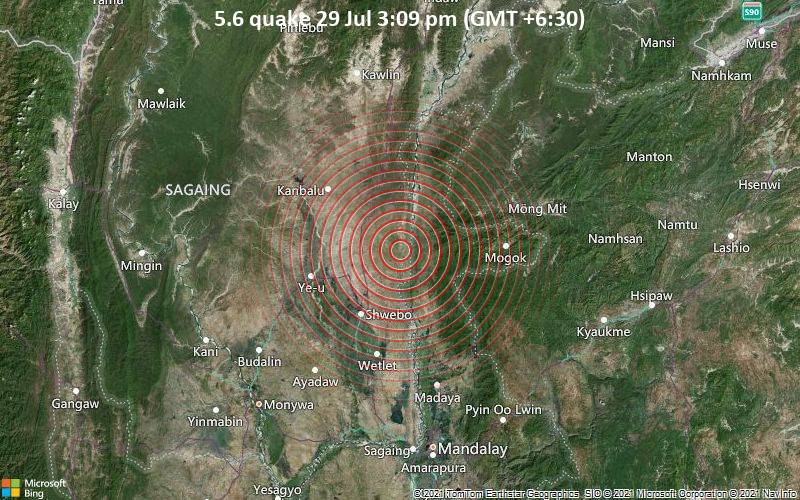 Starkes Magnitude 5.6 Erdbeben - Mandalay Region, 43 km nordöstlich von Shwebo, Sagaing Region, Myanmar, am Donnerstag, 29. Jul 2021 um 08:39 GMT