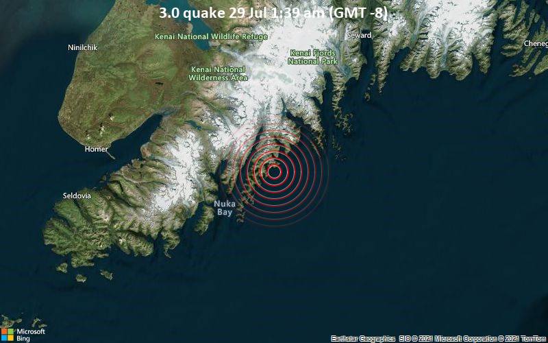Schwaches Erdbeben Stärke 3.0 - Gulf of Alaska, 80 km östlich von Homer, Kenai Peninsula, Alaska, USA, am Donnerstag, 29. Jul 2021 um 01:39 Lokalzeit