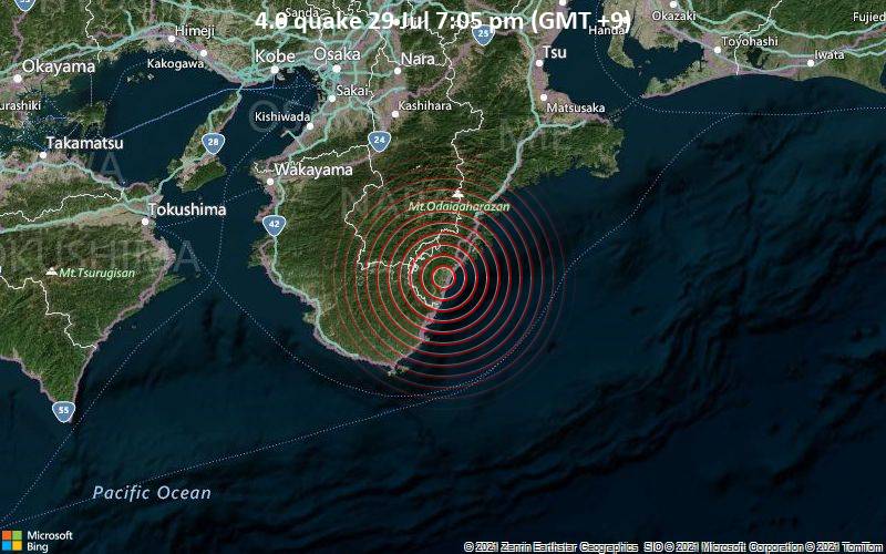 Leichtes Erdbeben der Stärke 4.0 - Minamimuro-gun, Mie, 13 km nördlich von Shingū, Präfektur Wakayama, Japan, am Donnerstag, 29. Jul 2021 um 19:05 Lokalzeit