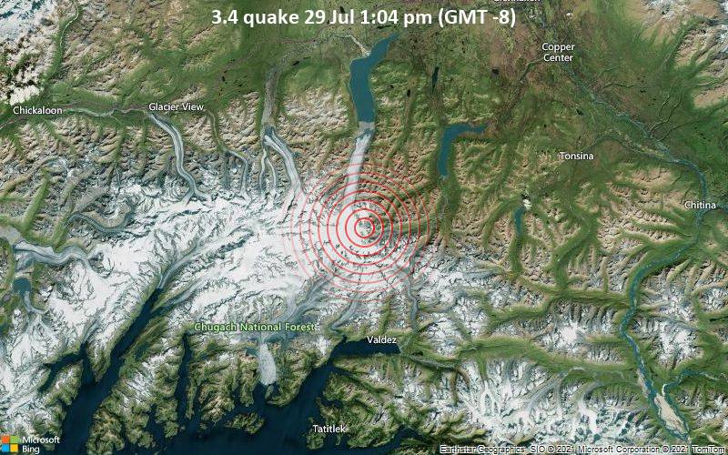 Leichtes Erdbeben der Stärke 3.4 - Valdez-Cordova Parish, 36 km nördlich von Valdez, Alaska, USA, am Donnerstag, 29. Jul 2021 um 13:04 Lokalzeit