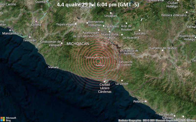 Leichtes Erdbeben der Stärke 4.4 - Arteaga, 50 km nördlich von Melchor Ocampo del Balsas, Mexiko, am Donnerstag, 29. Jul 2021 um 23:04 GMT