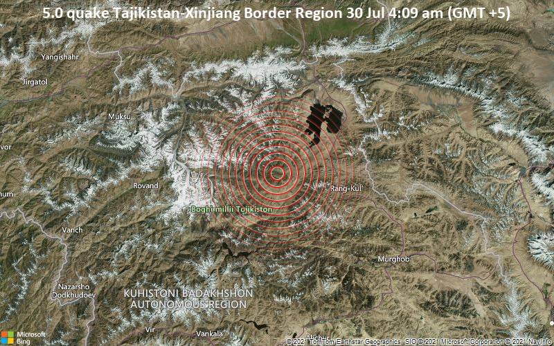 5.0 quake Tajikistan-Xinjiang Border Region 30 Jul 4:09 am (GMT +5)