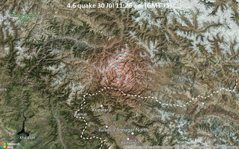 Leichtes Erdbeben der Stärke 4.6 - Neelum District, Pakistan, 80 km nördlich von Sopur, Indien, am Freitag, 30. Jul 2021 um 11:26 Lokalzeit