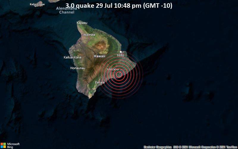 Leichtes Erdbeben der Stärke 3.0 - 44 km südlich von Hilo, Hawaii County, USA, am Donnerstag, 29. Jul 2021 um 22:48 Lokalzeit
