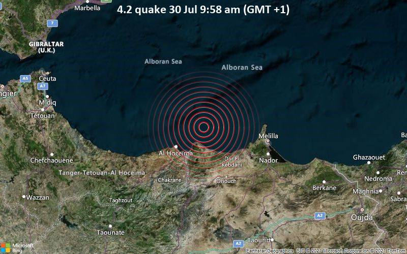 Moderates Erdbeben der Stärke 4.2 - Alboran Sea, 33 km nordöstlich von Al-Hoceima, Marokko, am Freitag, 30. Jul 2021 um 08:58 GMT