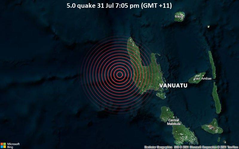 Starkes Magnitude 5.0 Erdbeben - Korallen Meer, 84 km westlich von Luganville, Sanma Province, Vanuatu, am Samstag, 31. Jul 2021 um 08:05 GMT