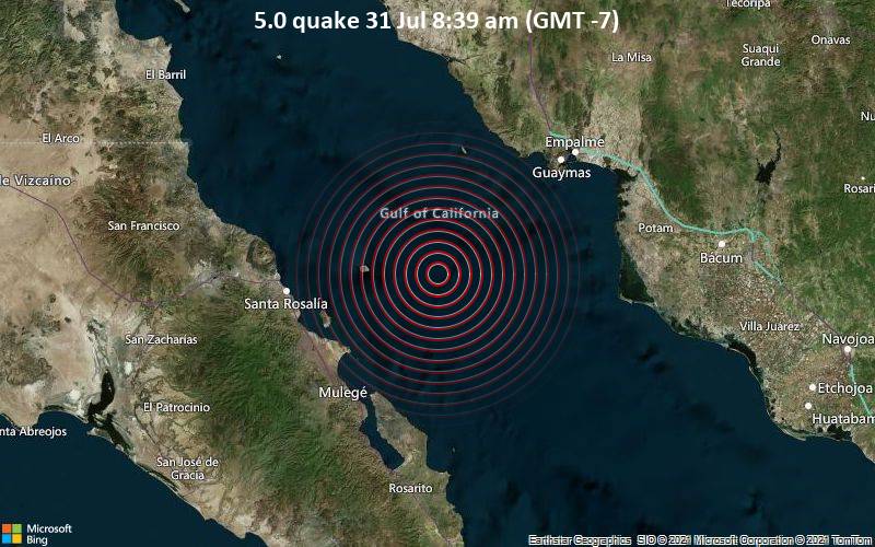 Starkes Magnitude 5.0 Erdbeben - Gulf of California, 82 km südwestlich von Guaymas, Sonora, Mexiko, am Samstag, 31. Jul 2021 um 15:39 GMT