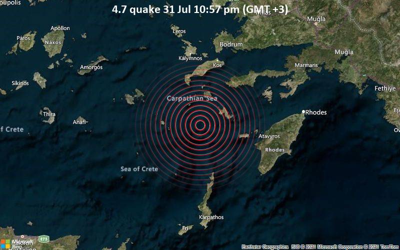 Moderates Erdbeben der Stärke 4.7 - Ägäisches Meer, 66 km südlich von Kos Town, Griechenland, am Samstag, 31. Jul 2021 um 19:57 GMT
