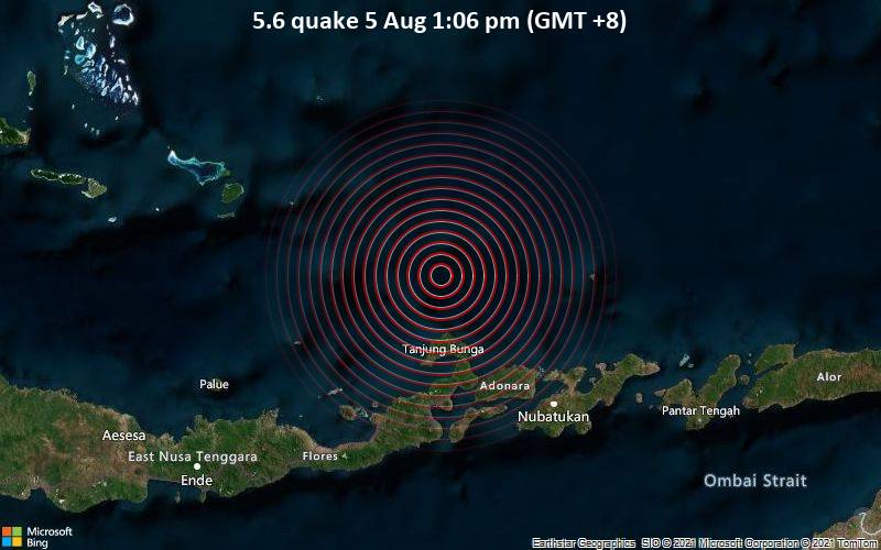 Moderates Erdbeben der Stärke 5.6 - Banda Sea, 116 km nordöstlich von Maumere, East Nusa Tenggara, Indonesien, am Donnerstag,  5. Aug 2021 um 13:06 Lokalzeit