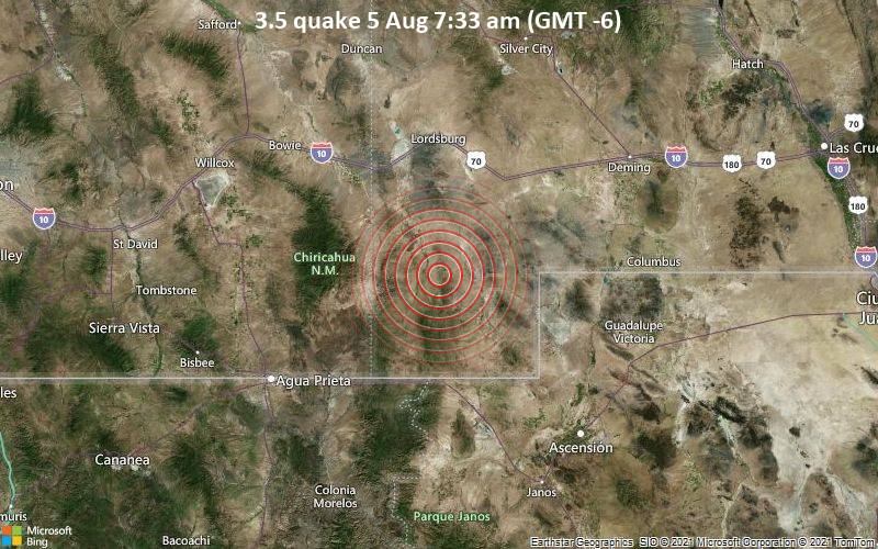 Leichtes Erdbeben der Stärke 3.5 - Hidalgo County, New Mexico, 93 km nordöstlich von Douglas, Cochise County, Arizona, USA, am Donnerstag,  5. Aug 2021 um 07:33 Lokalzeit