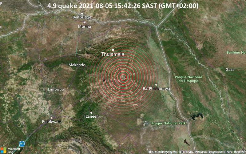 Moderates Erdbeben der Stärke 4.9 - 7 km nördlich von Giyani, Südafrika, am Donnerstag,  5. Aug 2021 um 15:42 Lokalzeit
