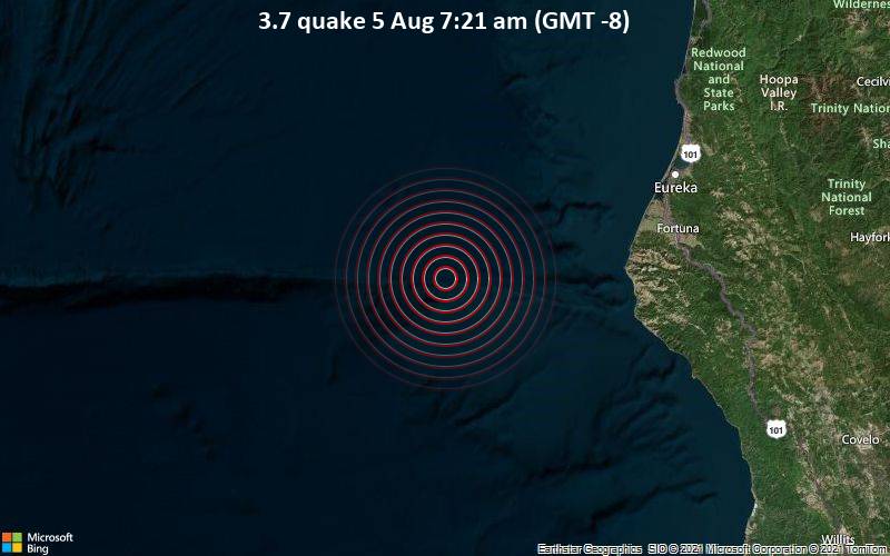Moderates Erdbeben der Stärke 3.7 - Nordpazifik, 99 km westlich von Fortuna, Humboldt County, Kalifornien, USA, am Donnerstag,  5. Aug 2021 um 07:21 Lokalzeit