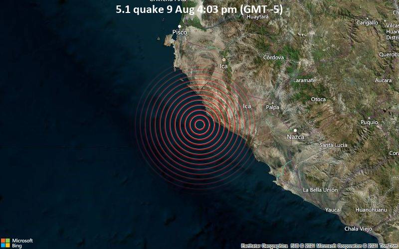 Quake Info Moderate Mag 5 0 Earthquake South Pacific Ocean 69 Km South Of Ica Peru On Monday Aug 9 21 4 03 Pm Gmt 5 1 User Experience Report Volcanodiscovery