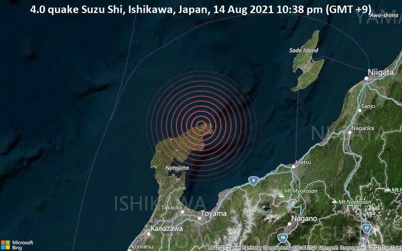 4.0 quake Suzu Shi, Ishikawa, Japan, 14 Aug 2021 10:38 pm (GMT +9)