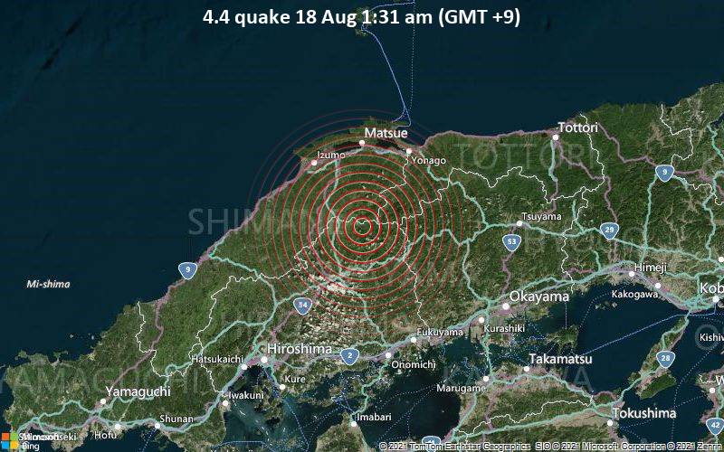 Quake Info Moderate Mag 4 4 Earthquake Nita Gun 47 Km South Of Matsue Shimane Japan On Wednesday 18 Aug 2021 1 31 Am Gmt 9 1 User Experience Report Volcanodiscovery