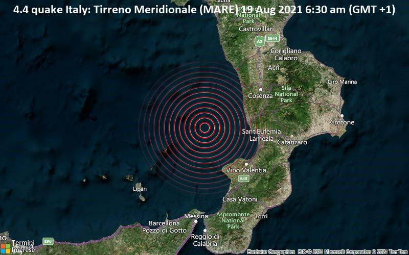 4.4 quake Italy: Tirreno Meridionale (MARE) 19 Aug 2021 6:30 am (GMT +1)