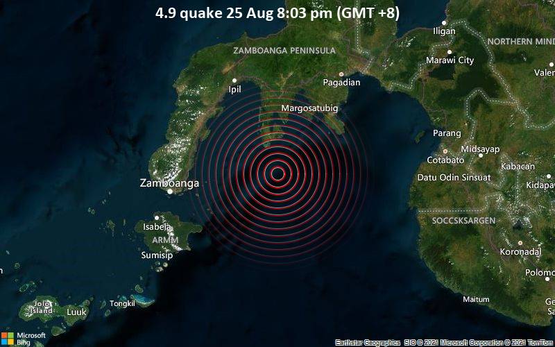 Moderates Erdbeben der Stärke 4.9 - Celebes Sea, 95 km östlich von Zamboanga City, Philippinen, am Mittwoch, 25. Aug 2021 um 20:03 Lokalzeit