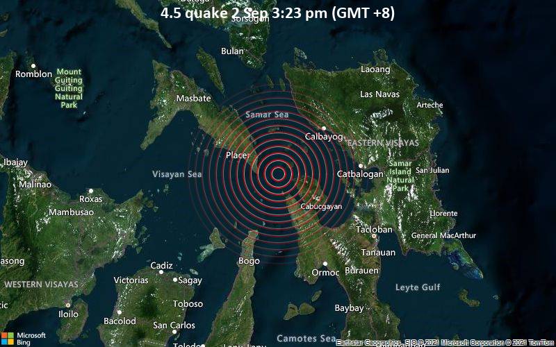 Quake Info Moderate Mag 4 6 Earthquake Philippine Sea 62 Km Southwest Of Calbayog City Philippines On Thursday Sep 2 2021 3 23 Pm Gmt 8 33 User Experience Reports Volcanodiscovery