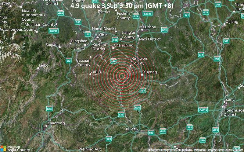 Moderates Erdbeben der Stärke 4.9 - 50 km südöstlich von Xunchang, Sichuan, China, am Freitag,  3. Sep 2021 um 21:30 Lokalzeit