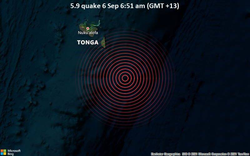 Starkes Magnitude 5.9 Erdbeben - South Pacific Ocean, 113 km südöstlich von Nuku’alofa, Nuku'alofa, Tongatapu, am Montag,  6. Sep 2021 um 06:51 Lokalzeit