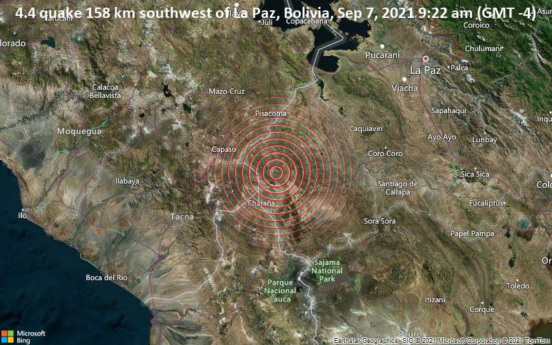 4.4 quake 158 km southwest of La Paz, Bolivia, Sep 7, 2021 9:22 am (GMT -4)