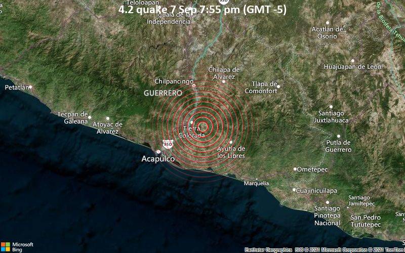 Leichtes Erdbeben der Stärke 4.2 - Tlayolapa, 48 km südlich von Chilpancingo, Guerrero, Mexiko, am Dienstag,  7. Sep 2021 um 19:55 Lokalzeit