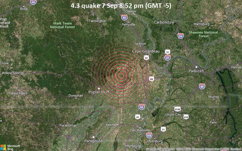 Moderates Erdbeben der Stärke 4.3 - Stoddard County, 38 km westlich von Sikeston, Scott County, Missouri, USA, am Dienstag,  7. Sep 2021 um 20:52 Lokalzeit